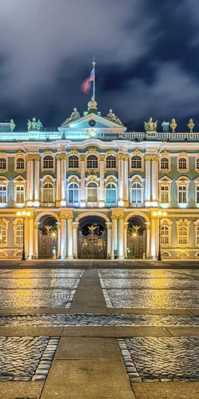Facade of the Winter Palace, house of the Hermitage Museum, iconic landmark in St. Petersburg, Russia